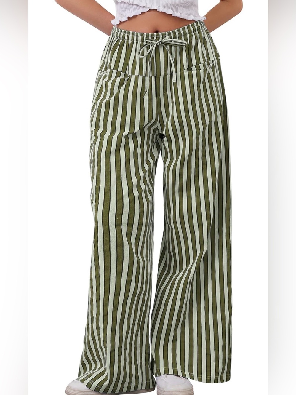 100% Cotton Olive Green & Mint Striped Wide Leg Pants Size L